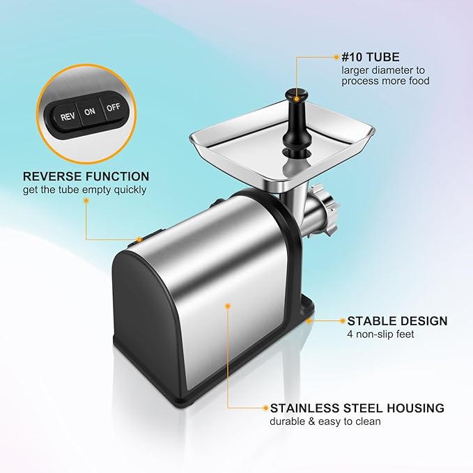 AAOBOSI #10 Meat Grinder Electric [3000W] Heavy Duty Stainless Steel Meat Mincer with 3 Grinding Plates, 3 Sausage Stuffer Tubes & Kubbe Attachments,Easy One-Button Control