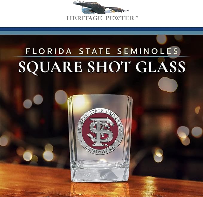 Heritage Pewter Florida State University Square Shot Glass | Hand-Sculpted 1.5 Ounce Shot Glass | Intricately Crafted Metal Pewter Alma Mater Inlay