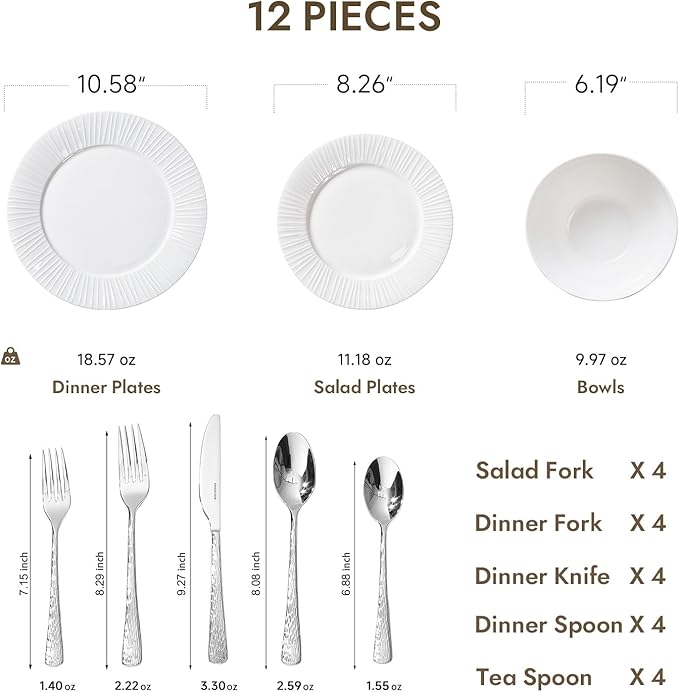 KINGSTONE 12-Piece Bone China Dinnerware Set with 20-Piece flatware, White Lightweight Porcelain Service for 4, for Family Dining, Restaurants, Gifting，Microwave and Dishwasher Safe