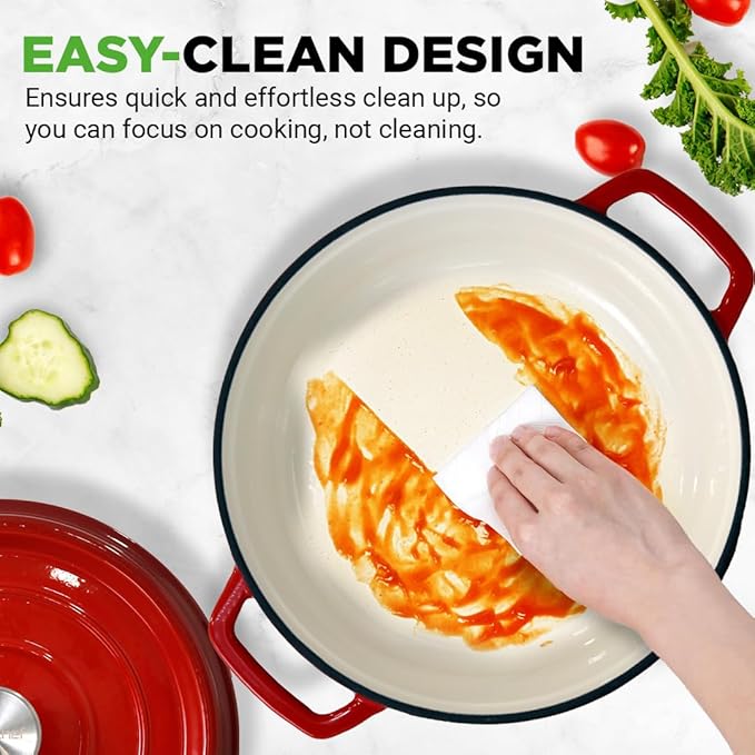 NutriChef Enameled Cast Iron Dutch Oven - 5-Quart Kitchen Round Dutch Oven Stovetop Casserole Cookware Braising Pot, Porcelain Enamel Coated Cast-Iron Baking Pots w/ Self Basting Lid