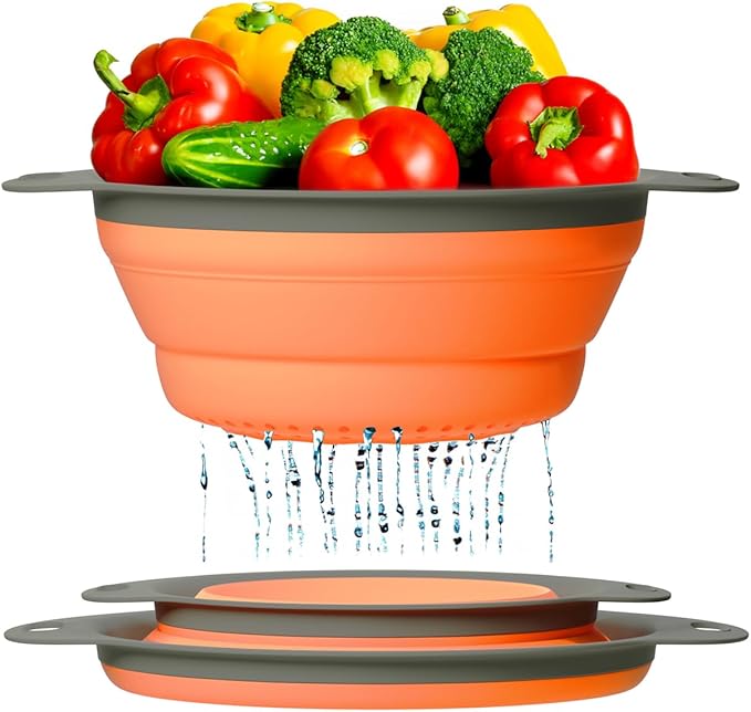 Ultimate Kitchen Strainers Set of 2 - Collapsible Silicone Colander For Easy Storage by Comfify - Use with Pasta & Veggies or as a Fruit or Berry Bowl with Strainer - Irreplaceable for Campers - Coral