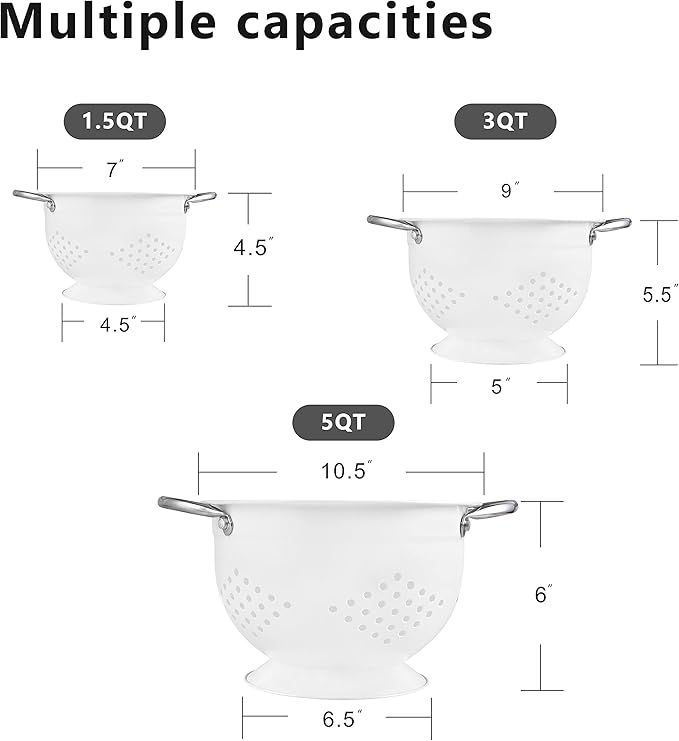 Hillbond Colander Set for Kitchen, 1.5, 3, 5 Qt Stainless Steel Handle Food Strainers and Colanders for Pasta, Vegetables, and Fruits, Coated Metal Kitchen Essential Colanders