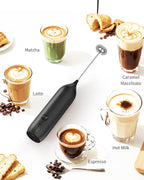 CIRCLE JOY Rechargeable Milk Frother Handheld, Coffee Frother Wand Drink Mixer with Stainless Steel Whisk for Coffee, Cappuccino, Lattes, Frappe, Matcha and Hot Chocolate, Black