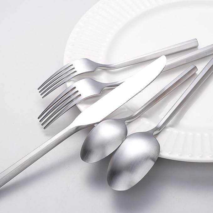 Matte Silverware Set Silver Flatware Set with Hexagon Handle 20 Pieces 18/0 Stainless Steel Cutlery Set Wedding Housewarming Gift Service for 4 (Matt silver)