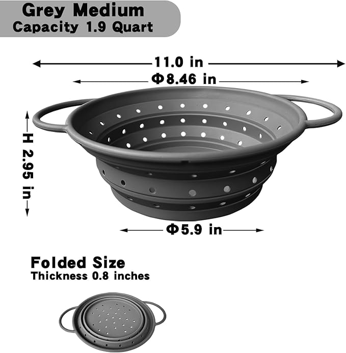 Silicone Collapsible Colander with Handle, Kitchen Colander for Easy Storage,Four-side Fast Draining Silicone Draining Basket, Perfect for Fruits Vegetables (Gray M)