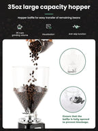 Huanyu Burr Coffee Grinder- Stainless Steel Flat Burr, 19 Precise Grind Settings, 35oz Capacity and Dual Dosing for Espresso, Hand Punch, French Press Black