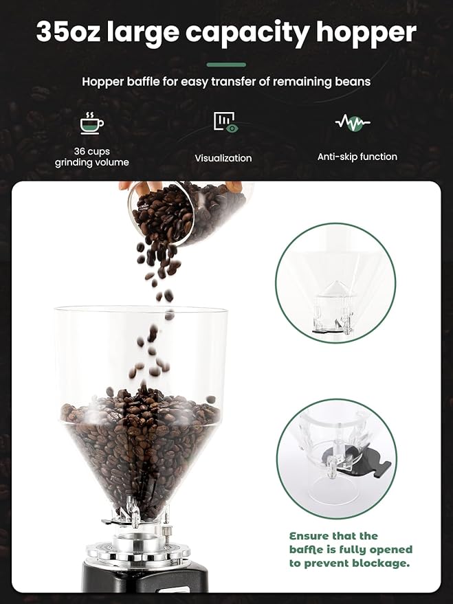 Huanyu Burr Coffee Grinder- Stainless Steel Flat Burr, 19 Precise Grind Settings, 35oz Capacity and Dual Dosing for Espresso, Hand Punch, French Press Black
