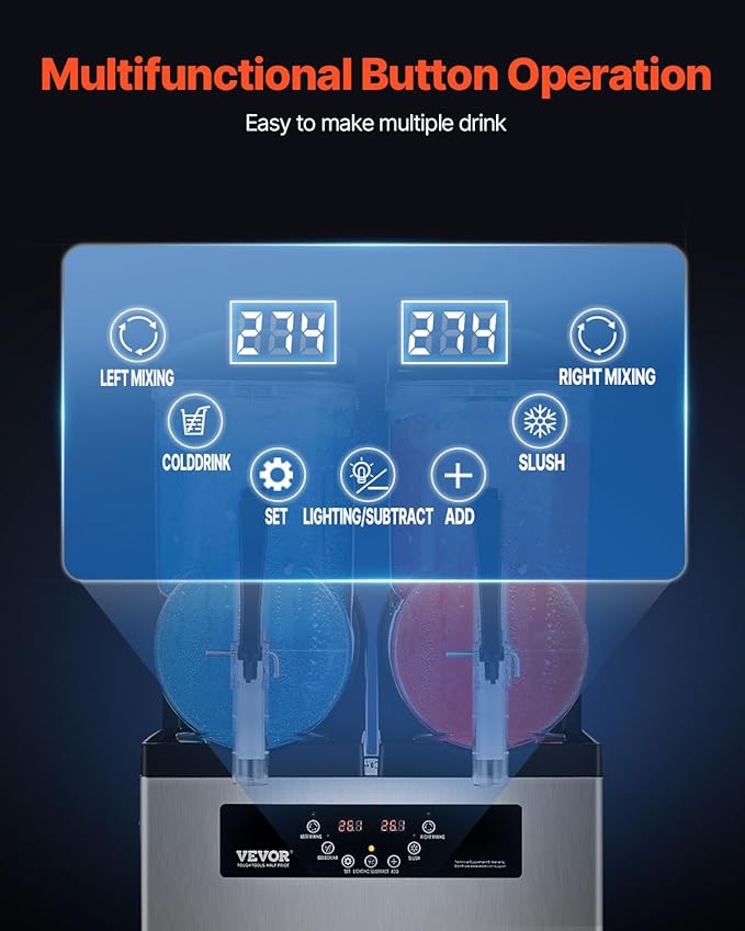 VEVOR Commercial Slushy Machine, 12Lx2 Double Tank Frozen Drink Machine, 96 Cups Stainless Steel Margarita Smoothie Frozen Drink Maker, Slushie Maker for Home Party Restaurants Cafe Bars