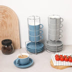 Sweejar Porcelain Espresso Cups with Saucers, 4 Ounce Stackable Cappuccino Cups with Metal Stand for Coffee Drinks, Latte, Tea - Set of 4 (Fog blue)