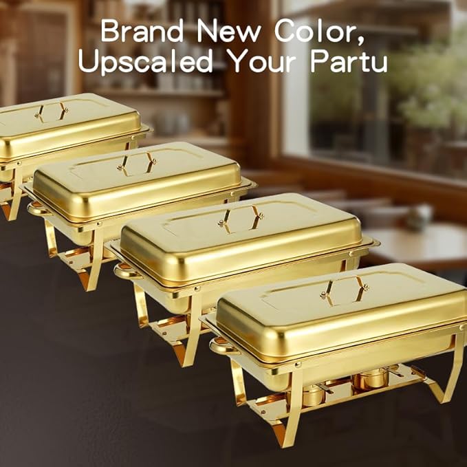 Chafing Dish Buffet Set with Gold Frame, 9 Quart Capacity, 4 Pack, Full Size Chafers