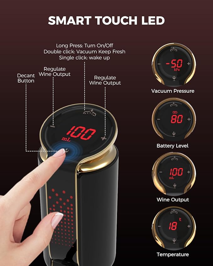 Luxurious 3-in-1 Electric Wine Aerator, Decanter, Dispenser & Vacuum Pump. Touch Screen LED Display - Wine Preservation System with Temp Monitor, Gift for Wine Lovers Women Men (Black)
