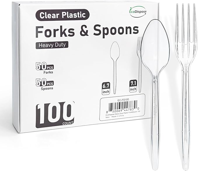 100 Count Plastic Silverware, Heavy Duty Plastic 50 Forks & 50 Spoons Disposable Utensils Cutlery Set for Party Supplies