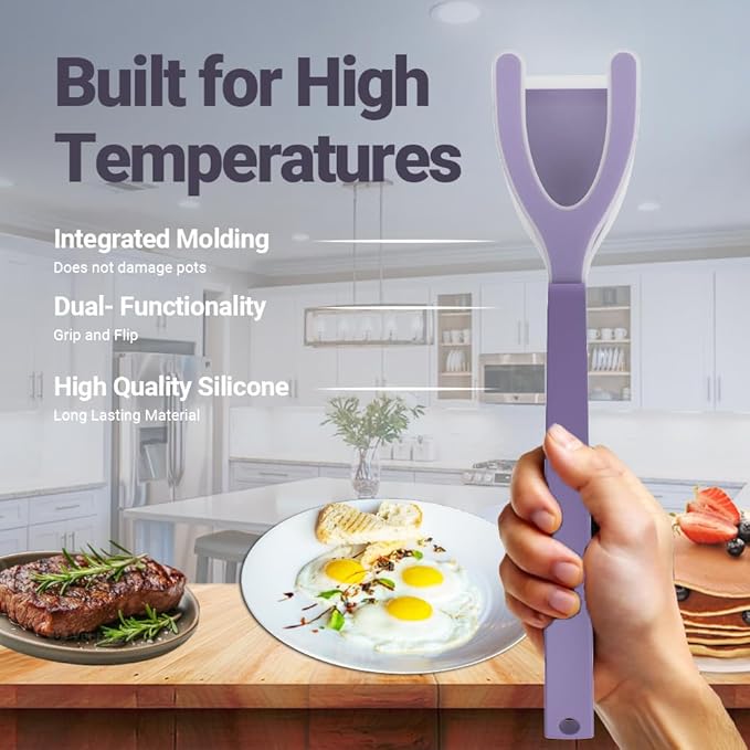 Silicone Egg Flipper Spatula Tongs (Set of 1) – Non-Stick 2-in-1 Grip & Flip Kitchen Tongs for Pancakes, Fish, Eggs, and More – Heat Resistant Cooking Tool (Black) (Purple)