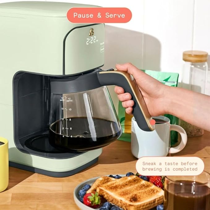 Beautiful 12-Cup Programmable Coffee Maker with Touch Activated Display, Auto Brew Timer, Reusable Filter & Large Glass Carafe (Sage Green)