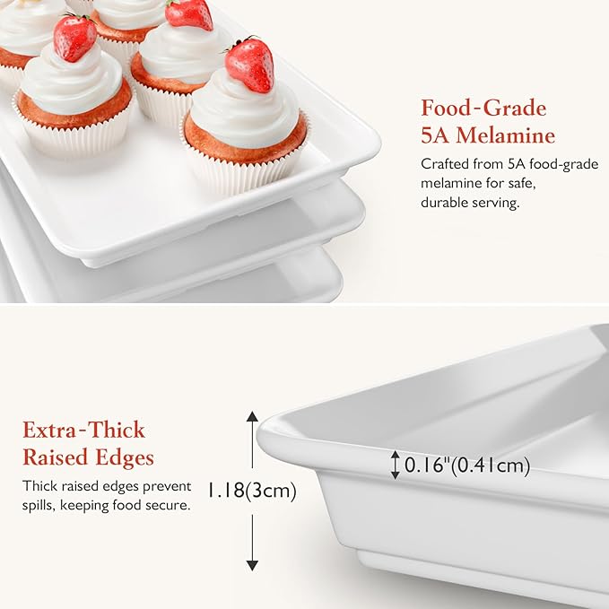 3-Tier Melamine Serving Tray Set, 14"x7" Platters for Serving Food, White Reusable Trays with Black Metal Display Stand for Cupcakes, Sevring Food, Dessert, Fruit, Cookie, Black