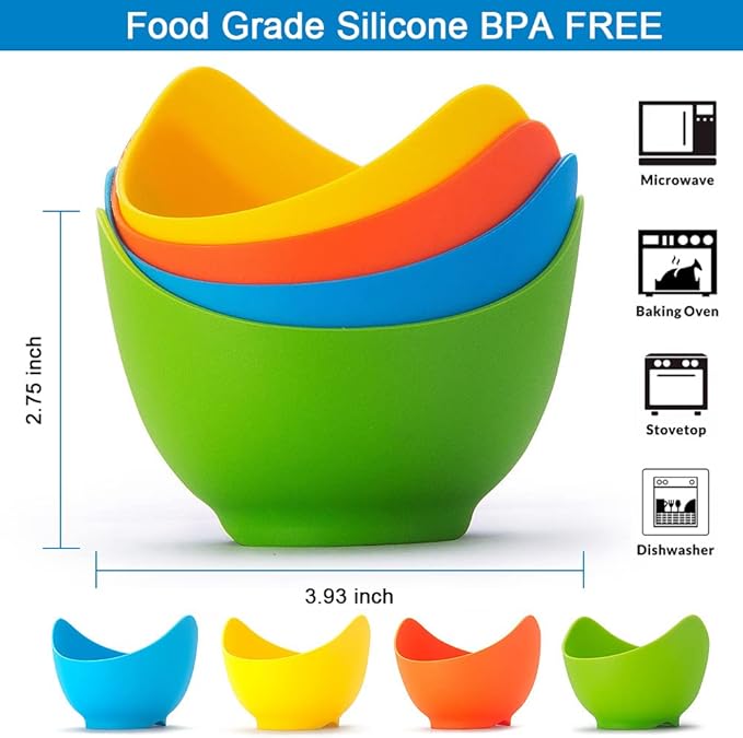 4 Pack Silicone Egg Poacher Cups with Ring Standers, Nonstick Egg Poaching Cups for Air Fryer, Baking oven or Stovetop Cooking, BPA Free
