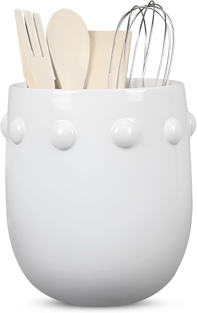 Young's Inc Kitchen Tool Holder with Tools, Ceramic Utensil Holder for Kitchen Counter, Cooking Spoon & Spatula Holder for Counter with Utensils, White