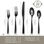 HIKAA Forged Silverware Set Stainless Steel Flatware Set,Service for 4,Matte Satin Polished Cutlery Set,Dishwasher Safe (Black, 20PCS)