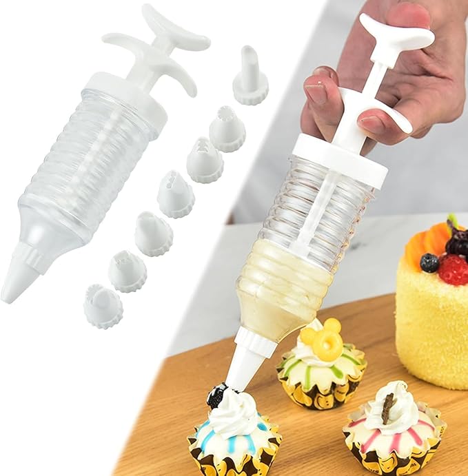 A Set Pipe Nozzles with Syringe, 8Pcs Plastic Cream Baking Piping Nozzle Dispenser Icing Pastry Tips Tube Decoration Tool