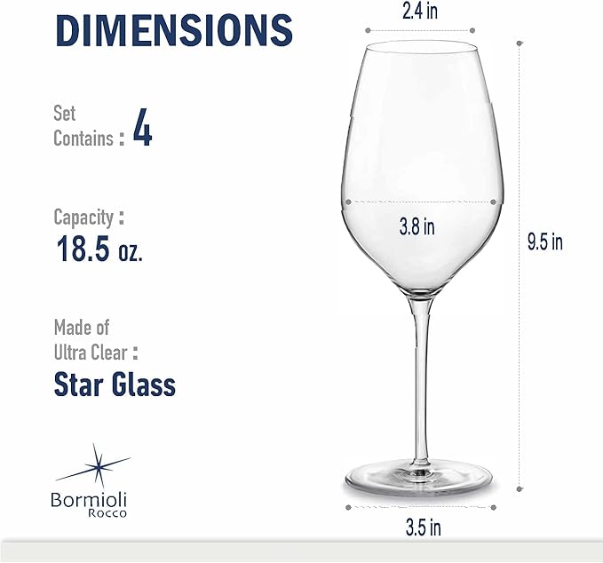 Bormioli Rocco Inalto Tre Sensi Collection Set Of 4 Premium Wine Glasses, Made From Crystal Clear Star Glass, Made In Italy. (18.5 Oz.)