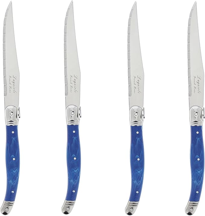 French Home Laguiole 4-Piece Steak Knife Set – Sophisticated Stainless Steel Dinner Knives with Blue Marble Handles & Iconic Bee Emblem – Serrated Knives for Smooth Cutting (9.25")