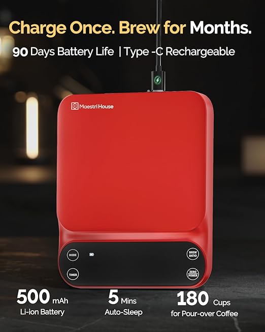 Maestri House S3 Coffee Scale with Timer, 3kg/0.1g Rechargeable Digital Scale, 3 Brew Modes, Adjustable Ratios & Flow Rate Display, Barista-Grade for Pour-Over, Espresso, French Press – Red