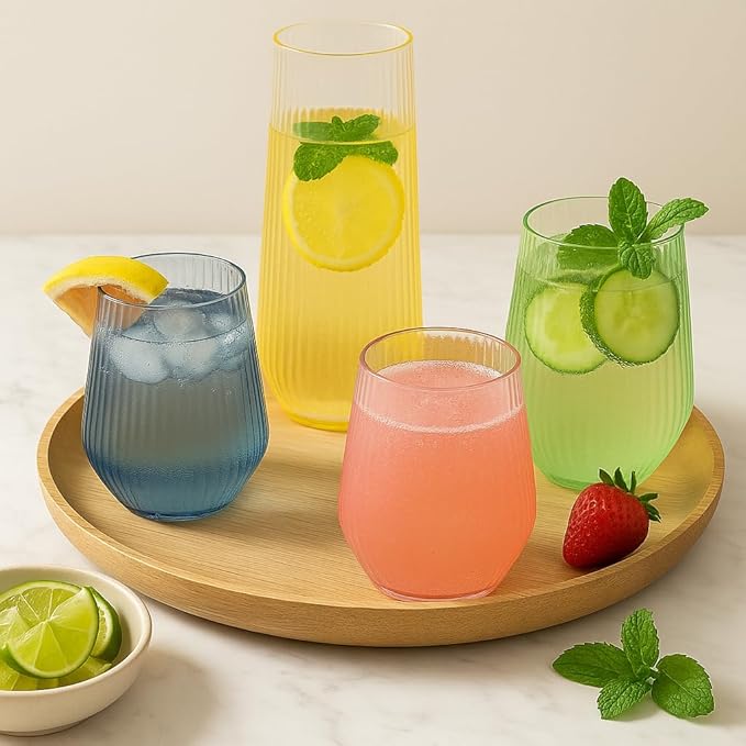 48 Pack Ribbed Origami Ripple Plastic Glasses 24 9oz Stemless Champagne Flutes & 24 12oz Cups BPA-Free, Disposable, Shatterproof Drinkware for Weddings, Bars, Events (Color Collection Ribbed)