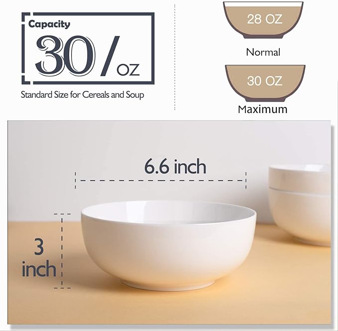 DELLING 30 OZ Ceramic Soup Bowls Set of 6 - Large White Serving Bowls for Kitchen, Pasta, Salad, Rice, Oatmeal, Microwave Safe
