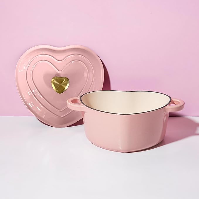 Paris Hilton Enameled Cast Iron Dutch Oven Heart-Shaped Pot with Lid, Dual Handles, Works on All Stovetops, Oven Safe to 500°F, 4-Quart, Pink