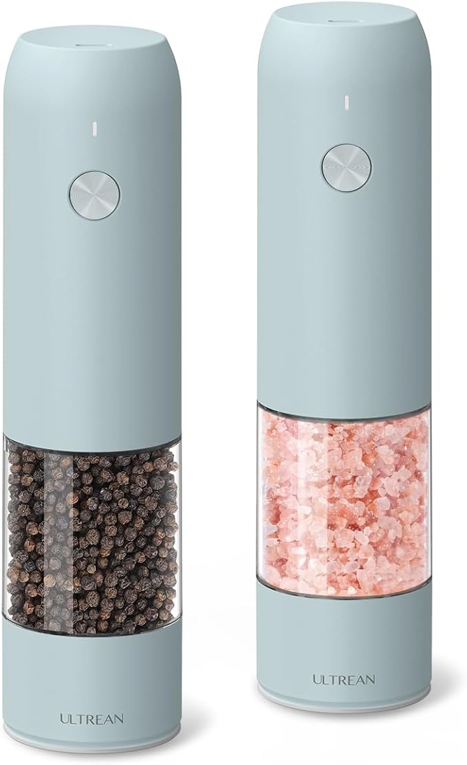Ultrean Pepper Grinder, Rechargeable Salt and Pepper Grinder with 6 Adjustable Coarseness, LED Light, One-Hand Automatic Operation, Blue