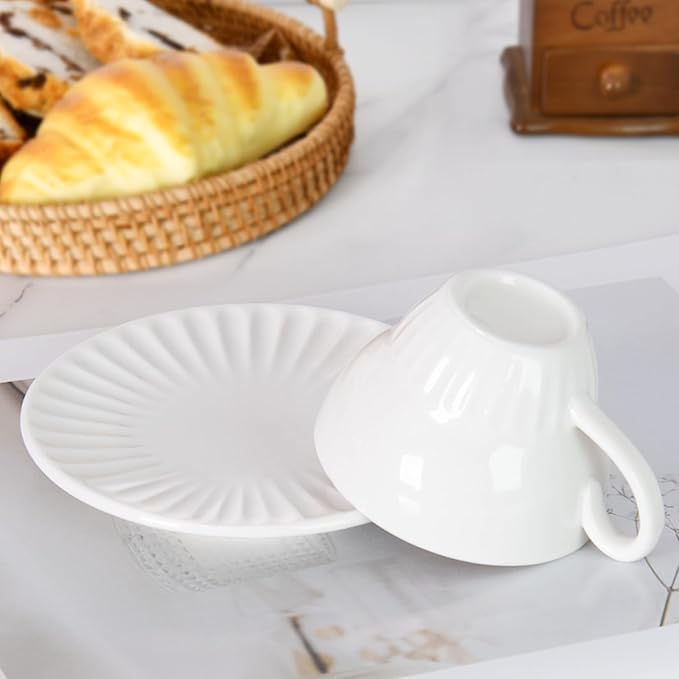 2 oz White Espresso Cups Set of 2, Ceramic Cappuccino Cups with Saucers, Durable Porcelain Tea Set & Modern Coffee Cup Collection, Coffee Lover Gifts