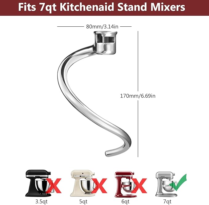 Dough Hook Replacement for KitchenAid 7QT Bowl-Lift Stand Mixers, Spiral and Stainless Steel Hook for Kitchen aid Attachment Accessories