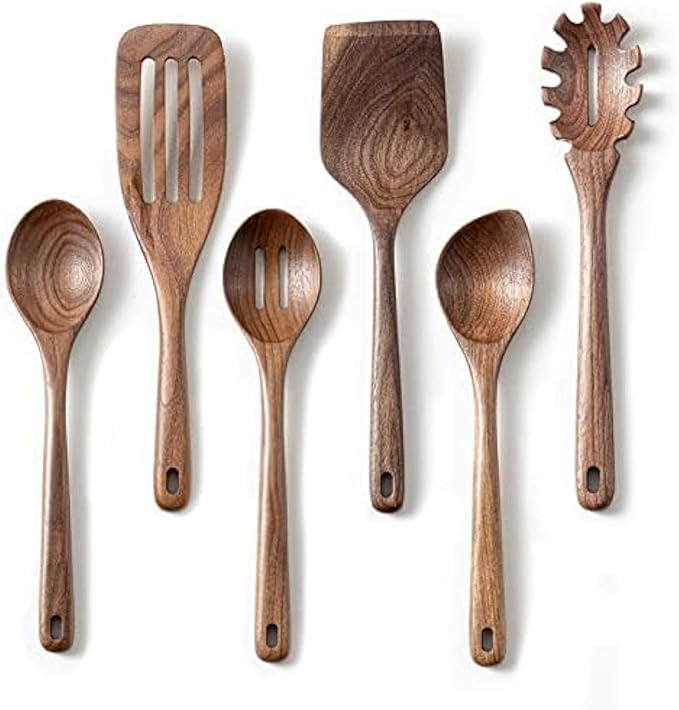 Gudamaye 12 inch Black walnut Wooden spoons for cooking, 6 PCES Long Handel Wooden Spoons, Natural Black walnut Wooden utensil for cooking, Wooden Kitchen Utensil set