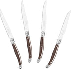 French Home Laguiole 4-Piece Steak Knife Set – Sophisticated Stainless Steel Dinner Knives with Chocolate Brown Handles & Iconic Bee Emblem – Serrated Knives for Smooth Cutting (9.25")