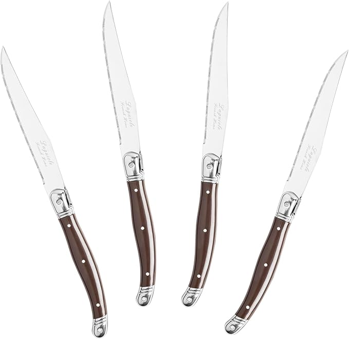 French Home Laguiole 4-Piece Steak Knife Set – Sophisticated Stainless Steel Dinner Knives with Chocolate Brown Handles & Iconic Bee Emblem – Serrated Knives for Smooth Cutting (9.25")