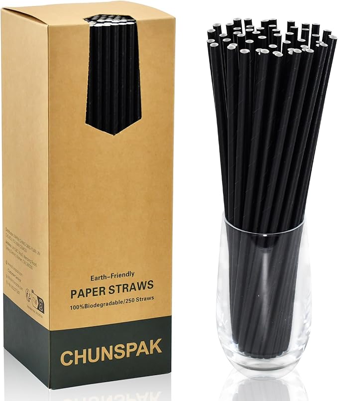 10 inch Long Disposable Black Paper Cocktail Straws & Stirrer Sticks, 250 Counts, Unwrapped - for Tall Drinks, Bars and Restaurants