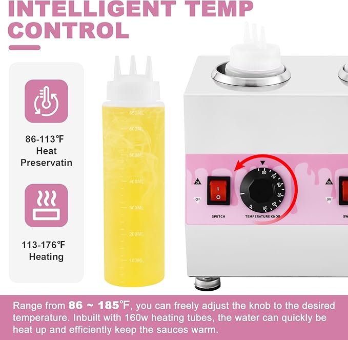 Electric Sauce Warmer Hot Fudge Warmer Dispenser Nacho Cheese Warmer Jam Heat Preservation Machine with 22oz Bottles, 86~185℉ 110V