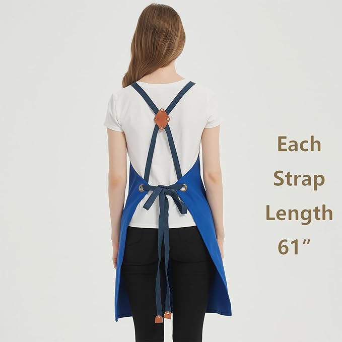 AFUN Chef Aprons for Women Men with Large Pockets, Cotton Canvas Cross Back Water Repellent Work Apron, Size M to XXL (Royalblue)