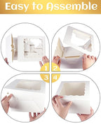 qiqee White 6x6x5 Cake Box, 4 Sets White Cake Box with Window ＆ 4 Sets 6" White Cake Round Boards, 6inch Cake Containers