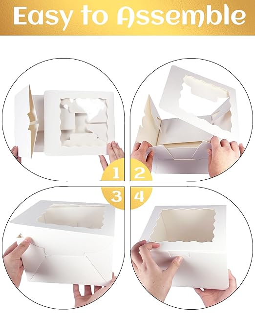 qiqee White 6x6x5 Cake Box, 4 Sets White Cake Box with Window ＆ 4 Sets 6" White Cake Round Boards, 6inch Cake Containers