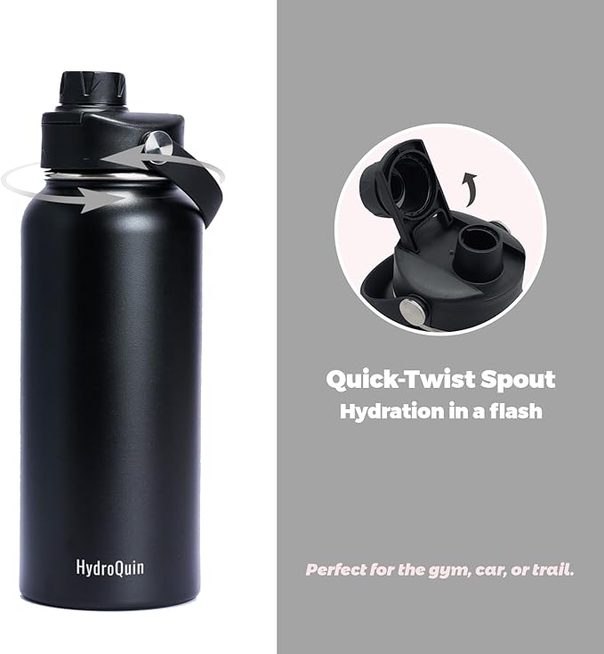 32oz Water Bottle with Comfort Grip Handle, HydroQuin Gym Water Bottle, Insulated Steel Water Bottle with Wide Mouth, No Straw