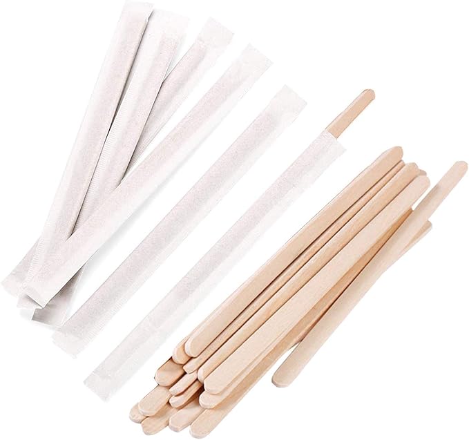 Gmark 5.5" Premium Wood Stirrer 2.3mm Thick Individual Wrapped 100 pc - Wood Coffee Stir Sticks for Tea Beverage, Corn Dog Stick Craft Stick 100/Bag GM1115C