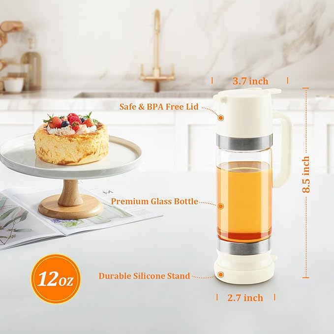 Aelga Glass Honey Dispenser Pot, No Drip 12 OZ Honey Jar with Handle, Syrup Dispenser for Coffee or Tea, White