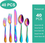 Rainbow Silverware Set for 8, 40-Piece Stainless Steel Flatware Set, Shiny Rainbow Metal Cutlery Set, Include Fork, Knife and Spoon Set, Dishwasher Safe