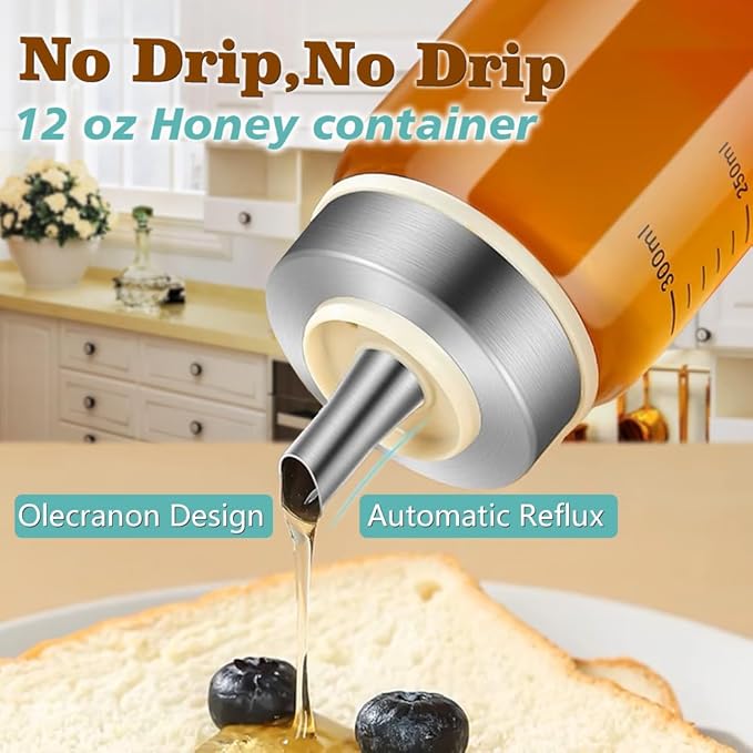Honey Dispenser No Drip, Maple Syrup Dispenser, Olecranon design, automatic reflux，Honey Jar with Stand, Beautiful Bottle Pot, Perfect Honey Container(10 oz×pack 2)