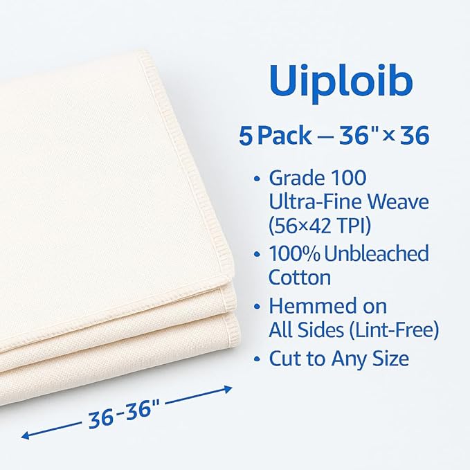 5 Pack Grade 100 Cheesecloth 36×36 in — Reusable Cheese Cloths, 100% Unbleached Cotton, Hemmed on All Sides (Lint-Free), Butter Muslin for Straining Yogurt, Nut Milk, Broth, Jelly & Cold Brew
