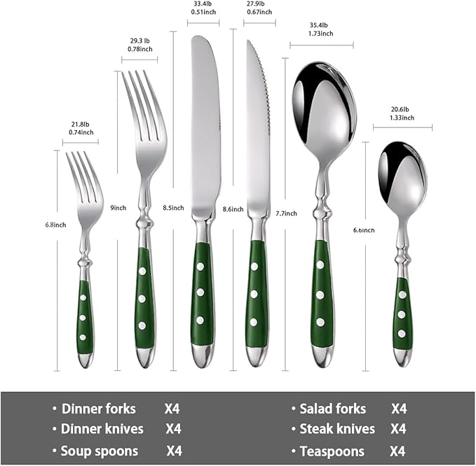 24-Piece 18/0 Stainless Steel Silverware set,Vintage Flatware set with Bakelite Handle,service for 4,Cutlery set (Green)