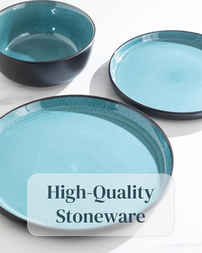 Stoneware dinnerware set 4 persons 12 pcs – Modern style plates and bowls set ceramic – Dishwasher safe and scratch resistant – Bowl and plate set – Dinner service Pure Living black & petrol blue