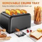 Black Toaster 4 Slice, Dual Independent Controls, Extra Wide Slot Toasters for Bagel, Bread, Waffles, 7 Shade Settings, 4 Main Functions, Removable Crumb Tray, 1500 Watts, Black Stainless Steel