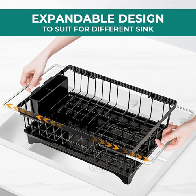 Small Dish Drying Rack in Sink, Expandable Stainless Steel Dish Drainers for Kitchen Counter, with Drain Board & Utensil Holder(Black)